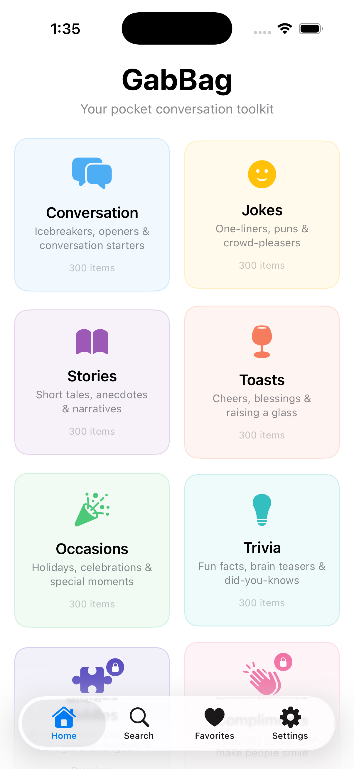 GabBag app home screen showing content domains